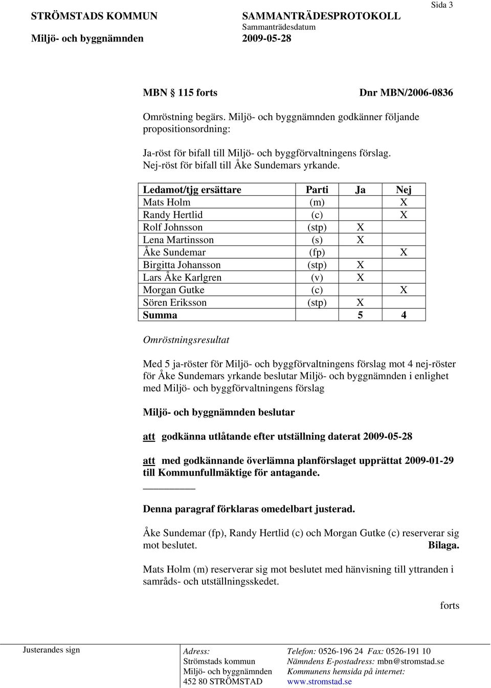 Ledamot/tjg ersättare Parti Ja Nej Mats Holm (m) X Randy Hertlid (c) X Rolf Johnsson (stp) X Lena Martinsson (s) X Åke Sundemar (fp) X Birgitta Johansson (stp) X Lars Åke Karlgren (v) X Morgan Gutke