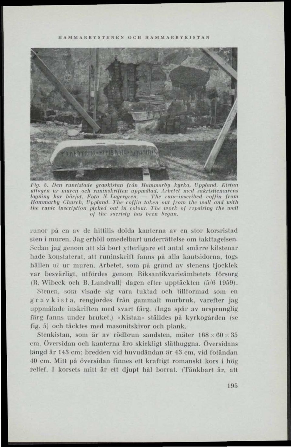 The coffin taken out from the inull nnd milli the runic inscription plcked ont in colour. The work of repatring the wall of lhe sacristy has been begun.