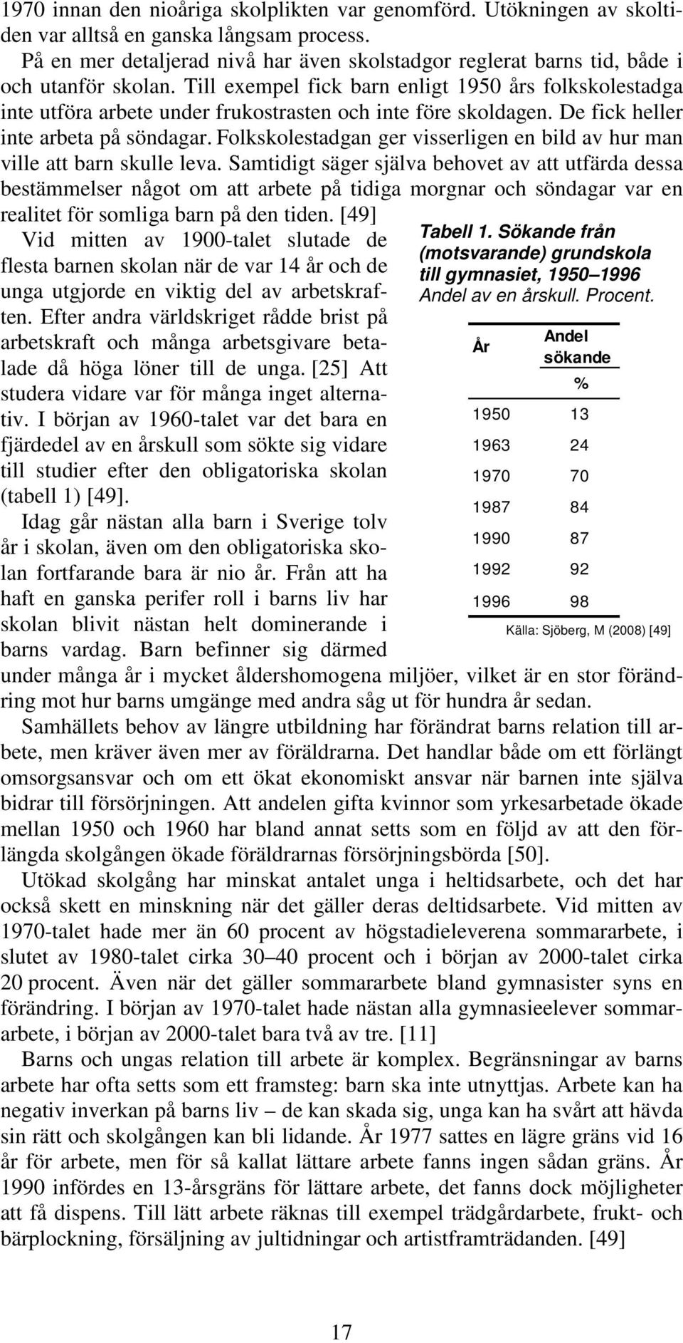 Till exempel fick barn enligt 1950 års folkskolestadga inte utföra arbete under frukostrasten och inte före skoldagen. De fick heller inte arbeta på söndagar.