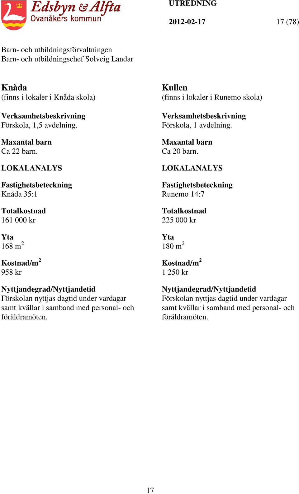 kvällar i samband med personal- och föräldramöten. Kullen (finns i lokaler i Runemo skola) Verksamhetsbeskrivning Förskola, 1 avdelning. Maxantal barn Ca 20 barn.