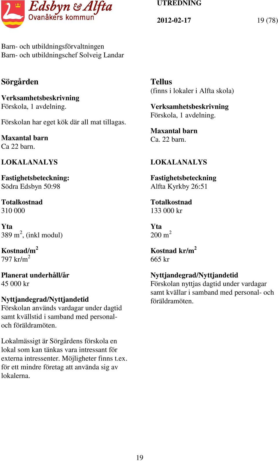 vardagar under dagtid samt kvällstid i samband med personaloch föräldramöten. Tellus (finns i lokaler i Alfta skola) Verksamhetsbeskrivning Förskola, 1 avdelning. Maxantal barn Ca. 22 barn.