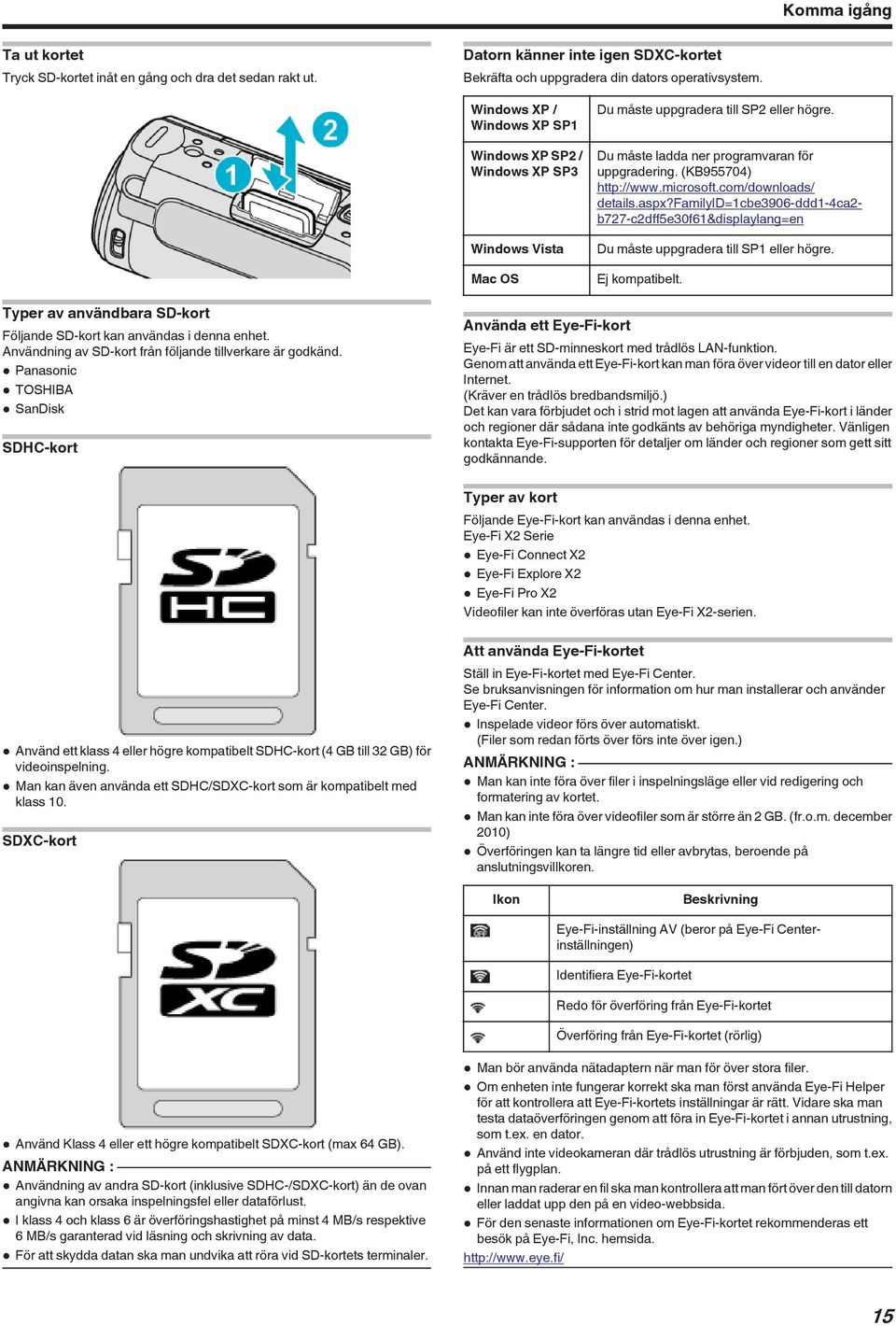 familyid=1cbe3906-ddd1-4ca2- b727-c2dff5e30f61&displaylang=en Du måste uppgradera till SP1 eller högre Ej kompatibelt Typer av användbara SD-kort Följande SD-kort kan användas i denna enhet