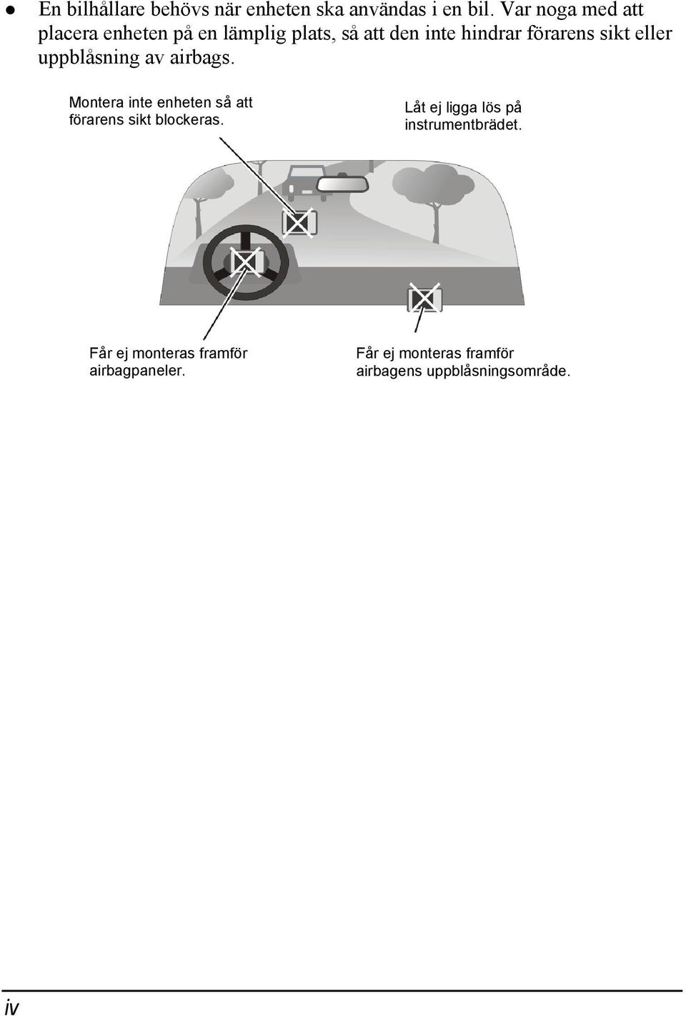 sikt eller uppblåsning av airbags. Montera inte enheten så att förarens sikt blockeras.