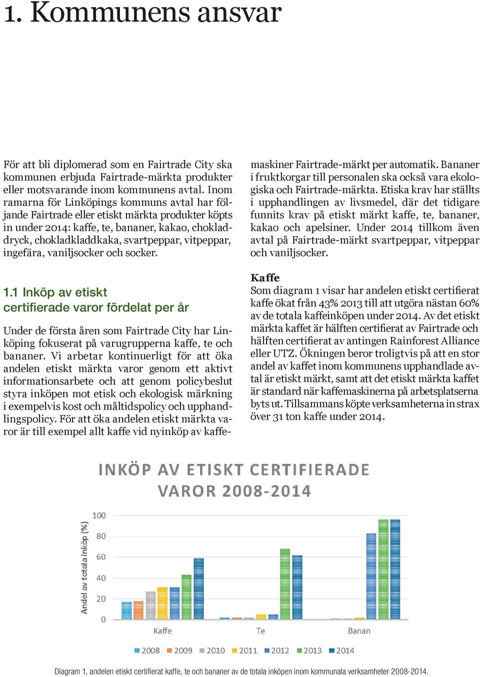 ingefära, vaniljsocker och socker. 1.1 Inköp av etiskt certifierade varor fördelat per år Under de första åren som Fairtrade City har Linköping fokuserat på varugrupperna kaffe, te och bananer.