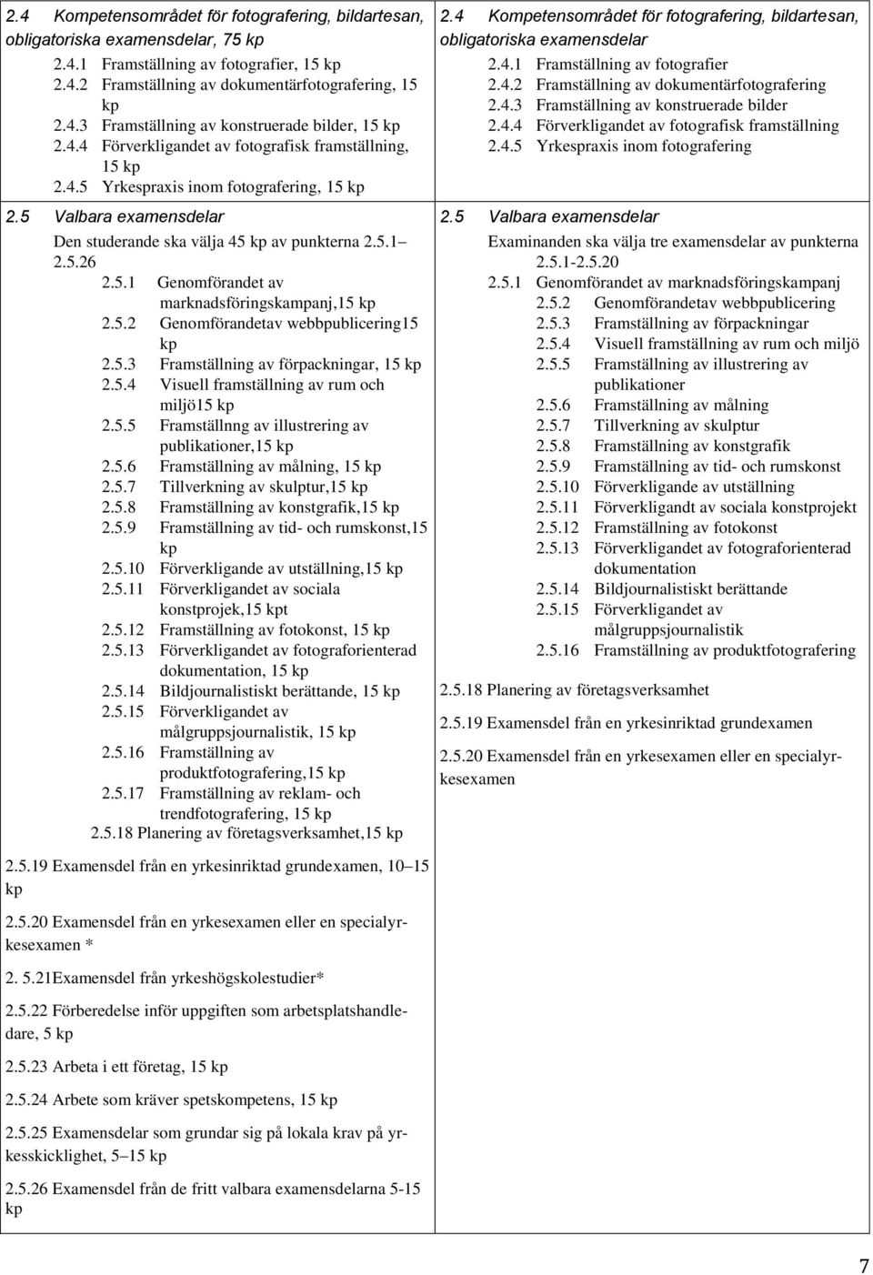 4 Kompetensområdet för fotografering, bildartesan, obligatoriska examensdelar 2.4.1 Framställning av fotografier 2.4.2 Framställning av dokumentärfotografering 2.4.3 Framställning av konstruerade bilder 2.