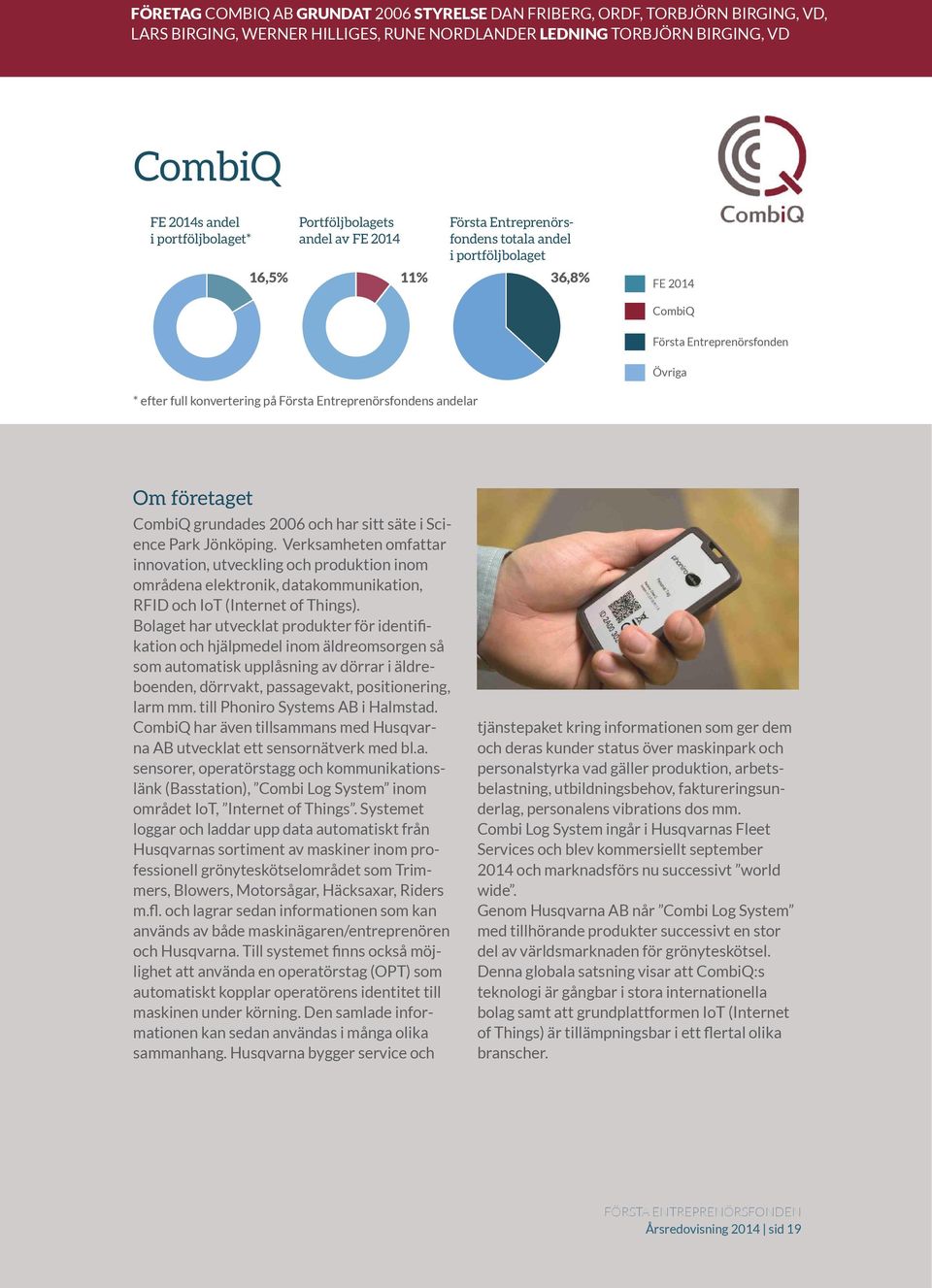 Entreprenörsfondens andelar Om företaget CombiQ grundades 2006 och har sitt säte i Science Park Jönköping.