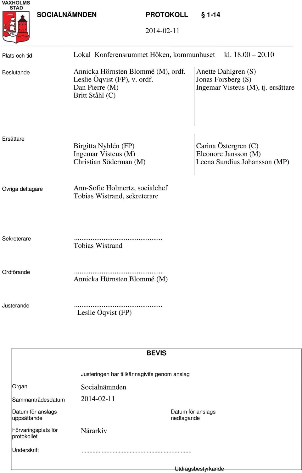 ersättare Ersättare Birgitta Nyhlén (FP) Ingemar Visteus (M) Christian Söderman (M) Carina Östergren (C) Eleonore Jansson (M) Leena Sundius Johansson (MP) Övriga deltagare Ann-Sofie Holmertz,