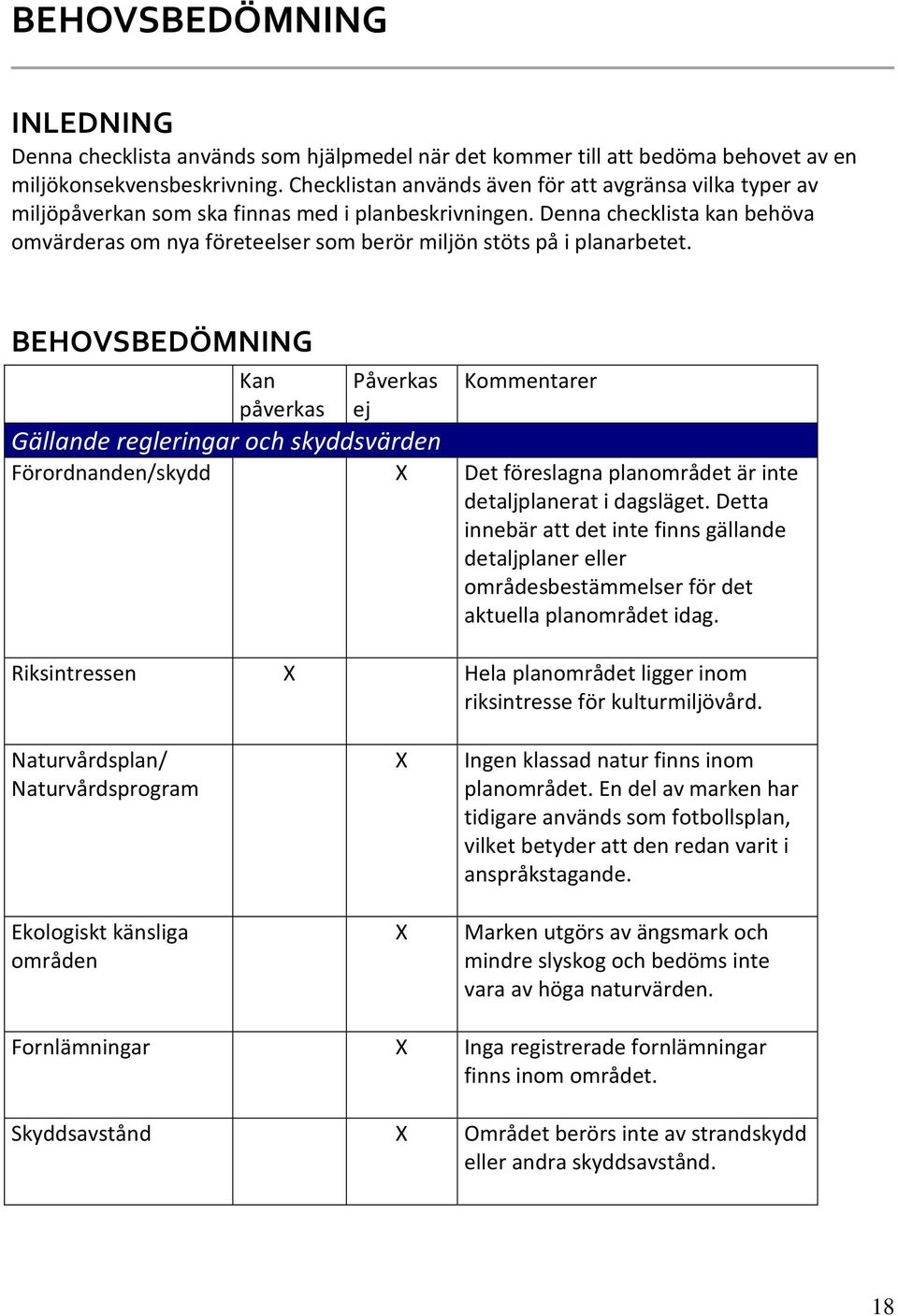 Denna checklista kan behöva omvärderas om nya företeelser som berör miljön stöts på i planarbetet.