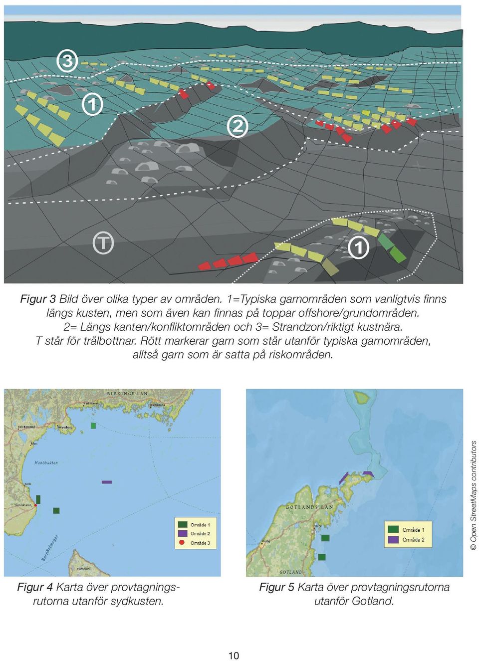 2= Längs kanten/konfliktområden och 3= Strandzon/riktigt kustnära. T står för trålbottnar.