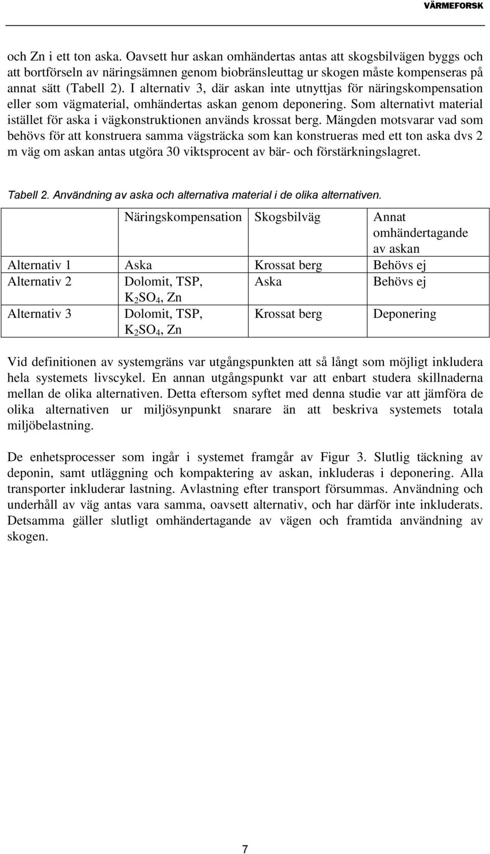 Som alternativt material istället för aska i vägkonstruktionen används krossat berg.