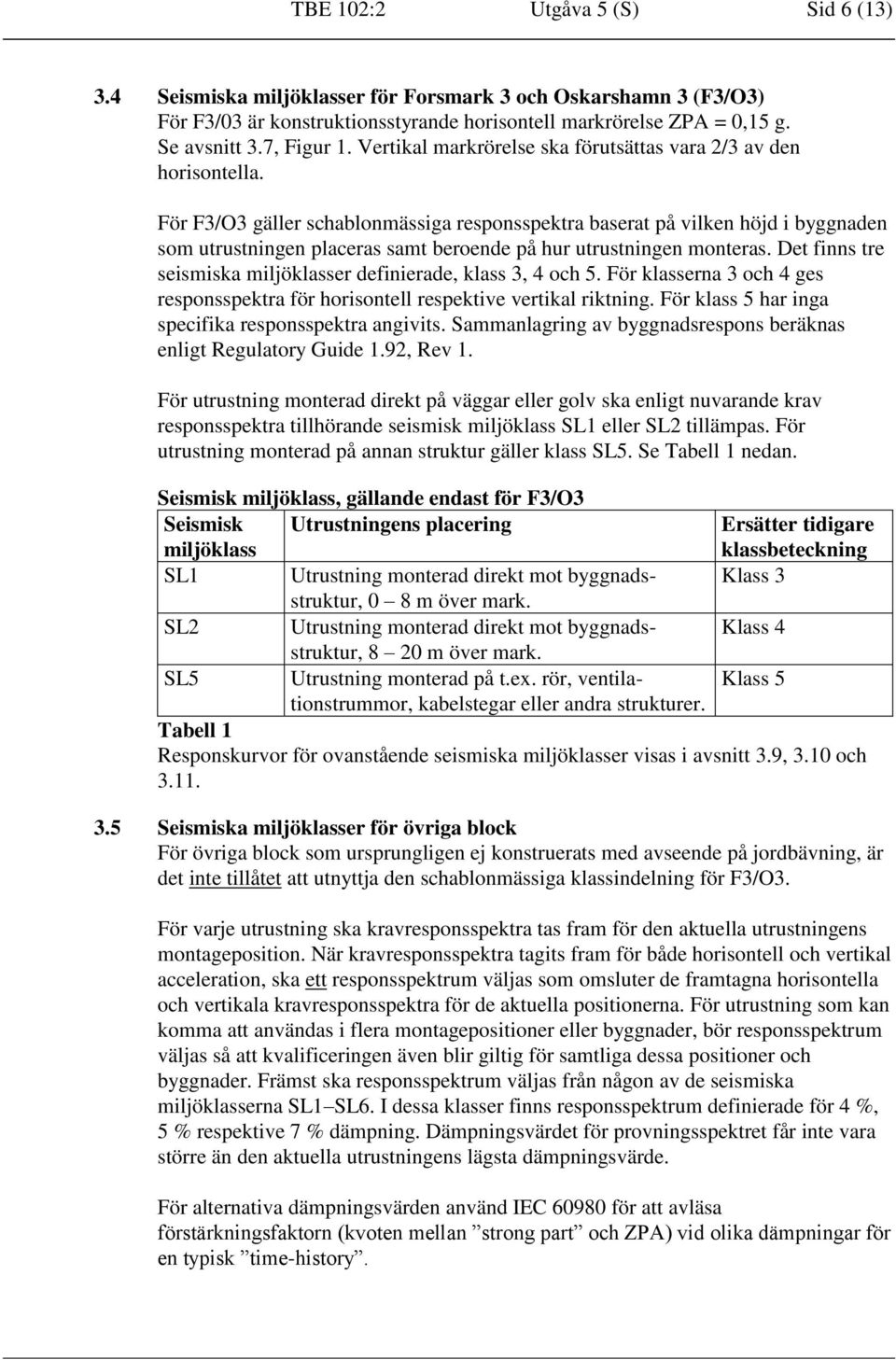 För F3/O3 äller schablonmässia responsspektra baserat på vilken höjd i bynaden som utrustninen placeras samt beroende på hur utrustninen monteras.