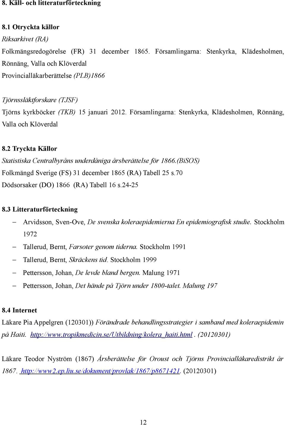 Församlingarna: Stenkyrka, Klädesholmen, Rönnäng, Valla och Klöverdal 8.2 Tryckta Källor Statistiska Centralbyråns underdåniga årsberättelse för 1866.