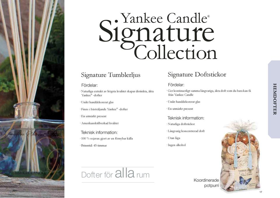 långvariga, äkta doft som du bara kan få från Yankee Candle Unikt handdekorerat glas En utmärkt present Teknisk information: Naturliga doftstickor HEMDOFTER