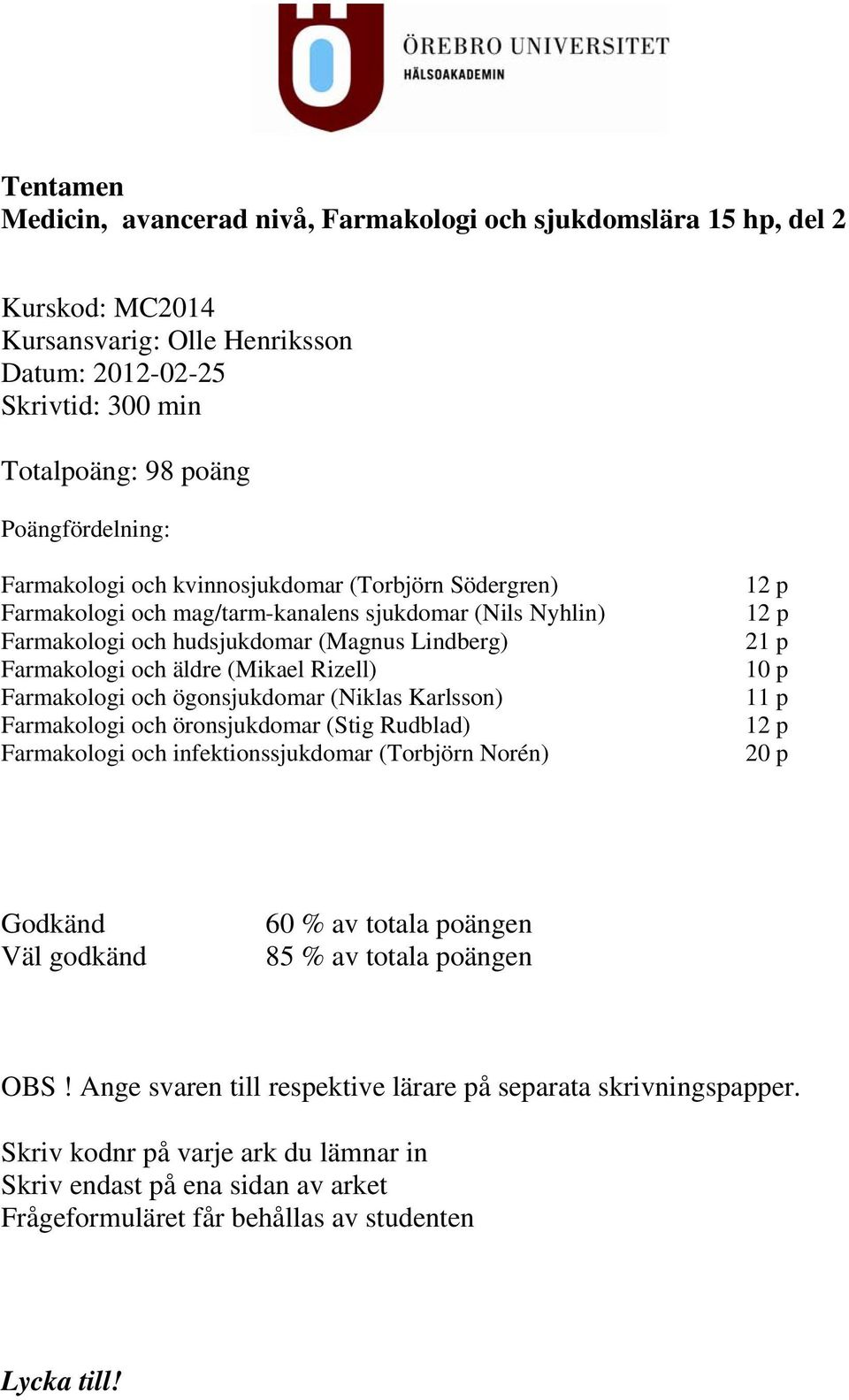 Farmakologi och ögonsjukdomar (Niklas Karlsson) Farmakologi och öronsjukdomar (Stig Rudblad) Farmakologi och infektionssjukdomar (Torbjörn Norén) 12 p 12 p 21 p 10 p 11 p 12 p 20 p Godkänd Väl