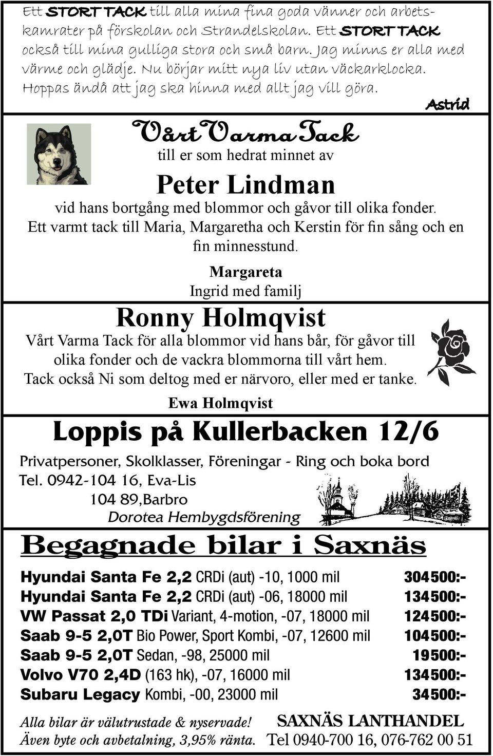 Astrid Vårt Varma Tack till er som hedrat minnet av Peter Lindman vid hans bortgång med blommor och gåvor till olika fonder.