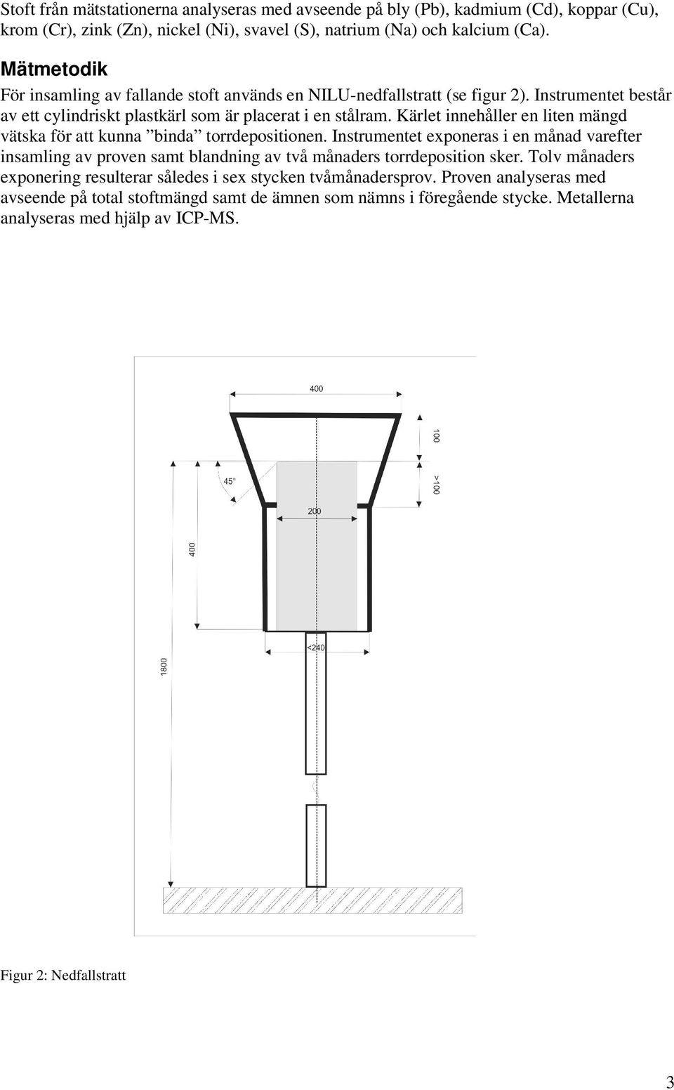 Kärlet innehåller en liten mängd vätska för att kunna binda torrdepositionen. Instrumentet exponeras i en månad varefter insamling av proven samt blandning av två månaders torrdeposition sker.