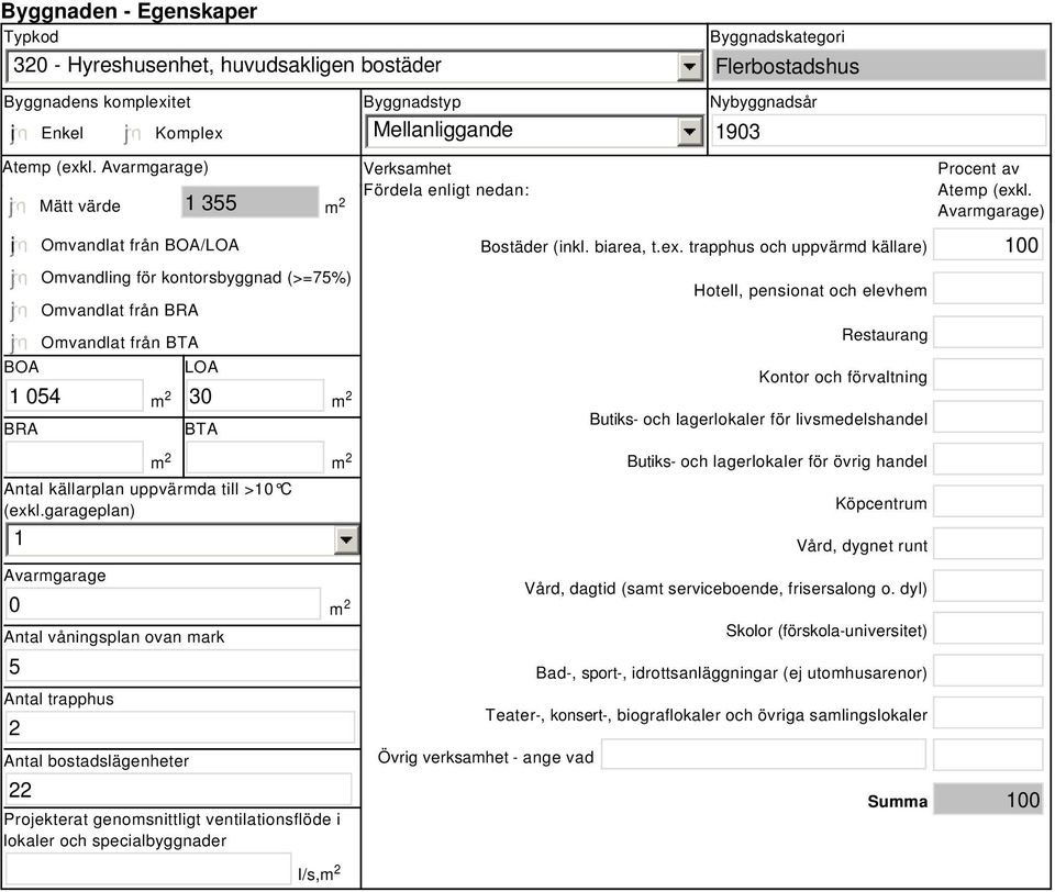 Avarmgarage) Mätt värde 1 355 i BOA 1 054 BRA Omvandlat från BOA/LOA Omvandling för kontorsbyggnad (>=75%) Omvandlat från BRA Omvandlat från BTA LOA 30 BTA Antal källarplan uppvärmda till >10 C