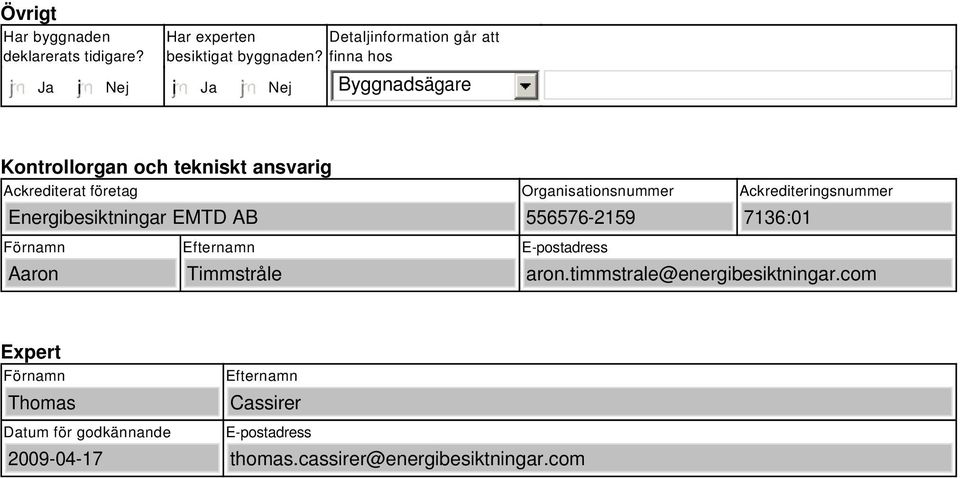 Organisationsnummer 556576-2159 Ackrediteringsnummer 7136:01 Förnamn Aaron Efternamn Timmstråle E-postadress aron.