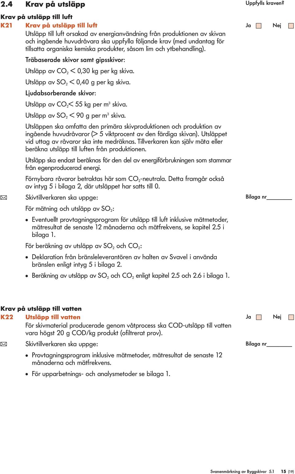 Utsläpp av SO 2 < 0,40 g per kg skiva. Ljudabsorberande skivor: Utsläpp av CO 2 < 55 kg per m 3 skiva. Utsläpp av SO 2 < 90 g per m 3 skiva.