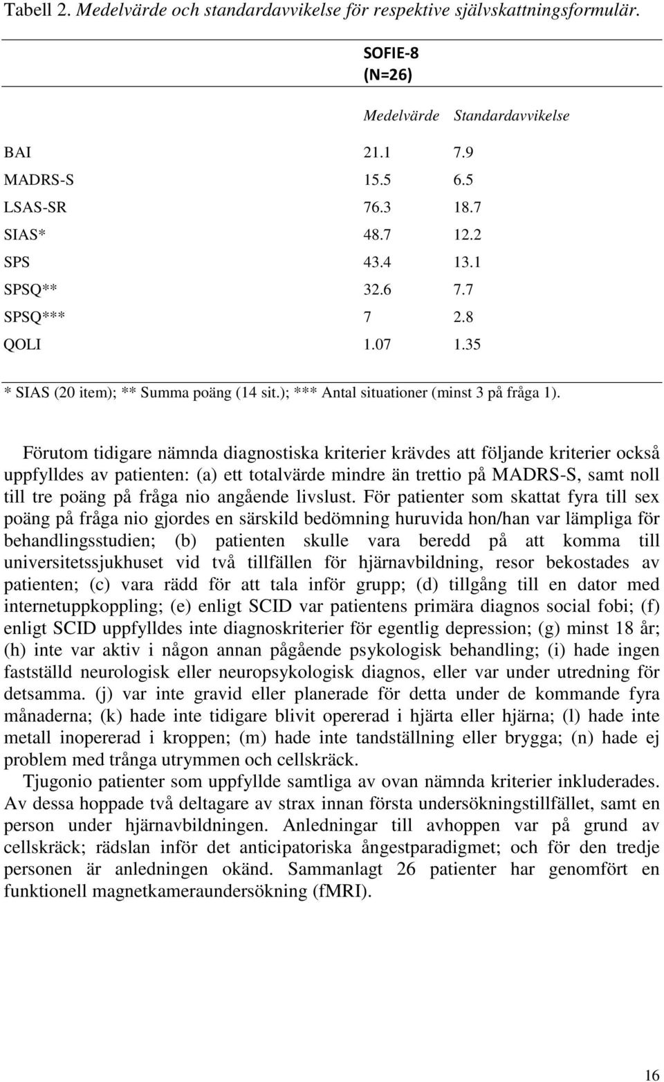 Förutom tidigare nämnda diagnostiska kriterier krävdes att följande kriterier också uppfylldes av patienten: (a) ett totalvärde mindre än trettio på MADRS-S, samt noll till tre poäng på fråga nio