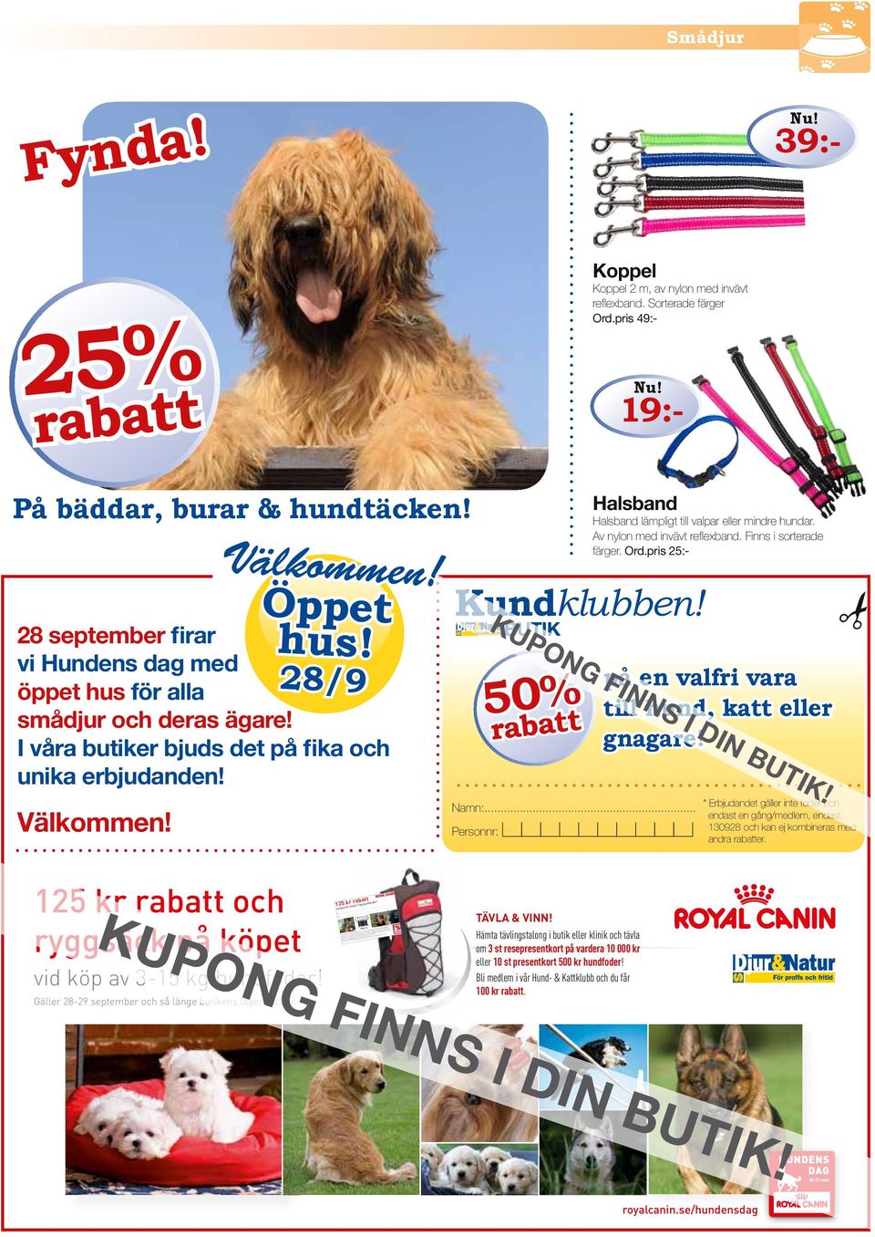 .. Personnr: Halsband Halsband lämpligt till valpar eller mindre hundar. Av nylon med invävt reflexband. Finns i sorterade färger. Ord.pris 25:- Kupong finns i din butik!