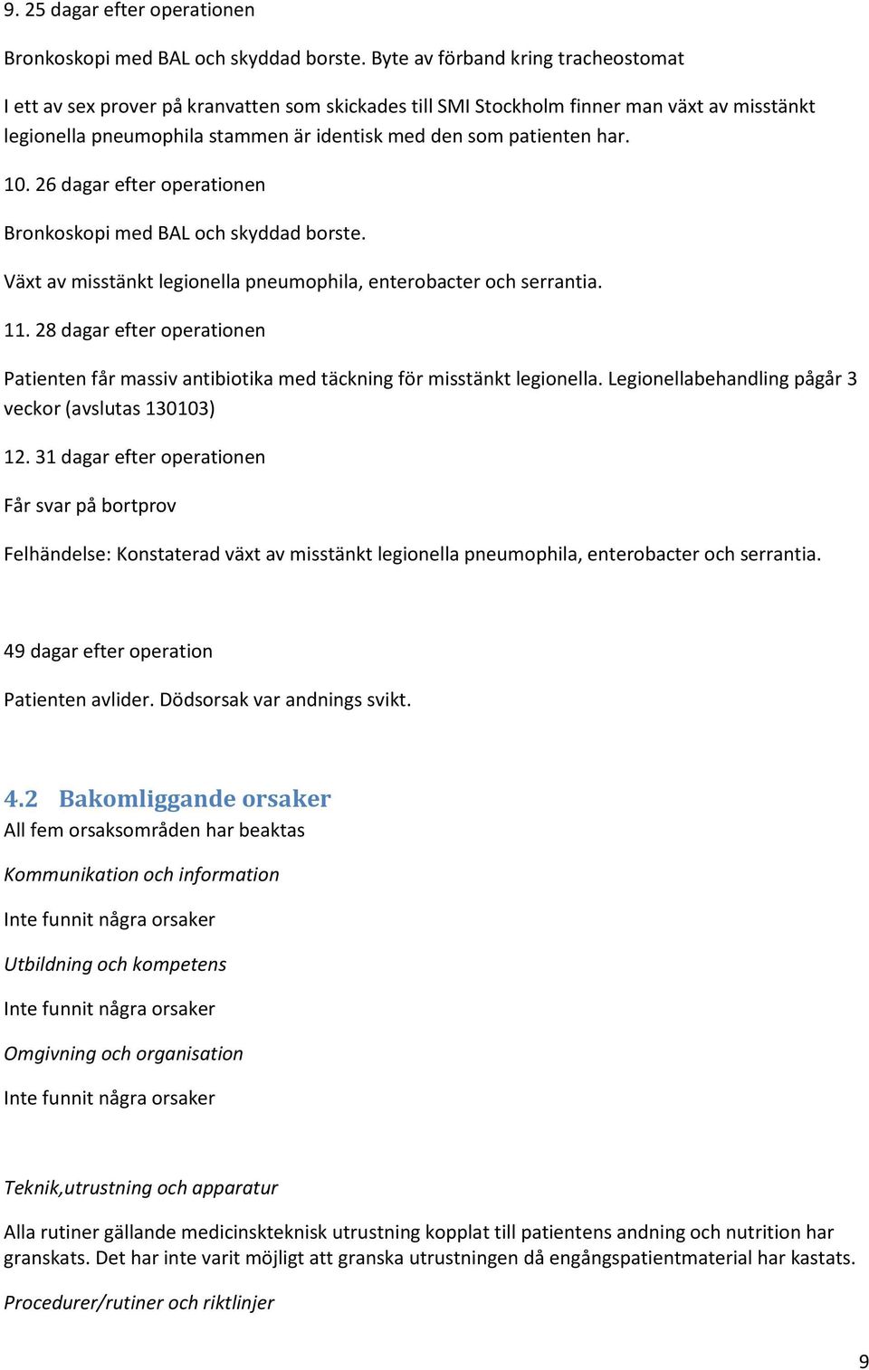 har. 10. 26 dagar efter operationen Bronkoskopi med BAL och skyddad borste. Växt av misstänkt legionella pneumophila, enterobacter och serrantia. 11.