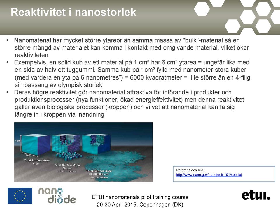 Samma kub på 1cm³ fylld med nanometer-stora kuber (med vardera en yta på 6 nanometres²) = 6000 kvadratmeter = lite större än en 4-filig simbassäng av olympisk storlek Deras högre reaktivitet gör