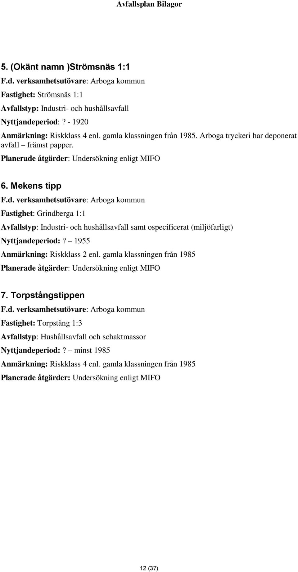 ponerat avfall främst papper. Planerade åtgärder: Undersökning enligt MIFO 6. Mekens tipp F.d. verksamhetsutövare: Arboga kommun Fastighet: Grindberga 1:1 Avfallstyp: Industri- och hushållsavfall samt ospecificerat (miljöfarligt) Nyttjandeperiod:?