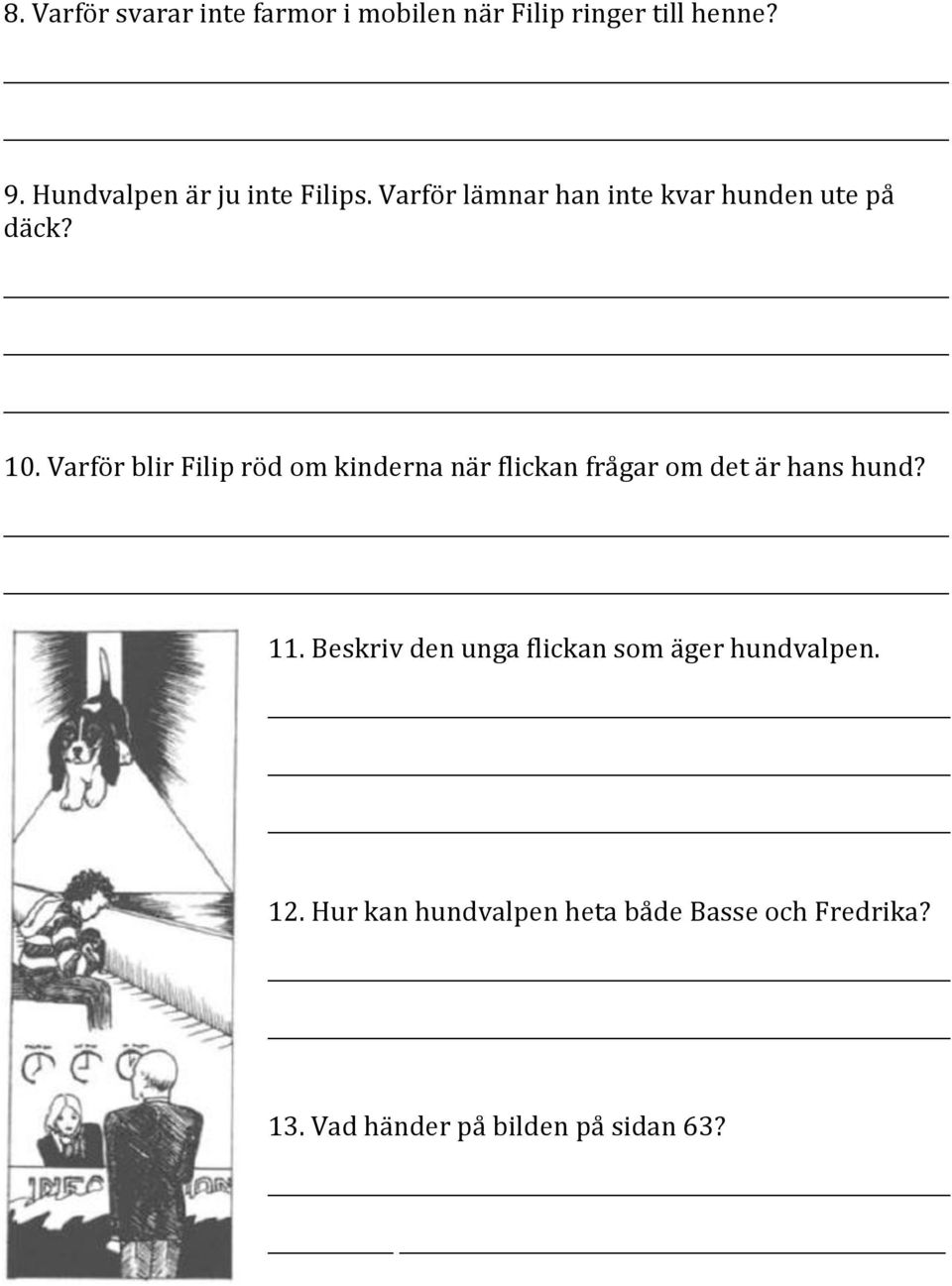 Varför blir Filip röd om kinderna när flickan frågar om det är hans hund? 11.