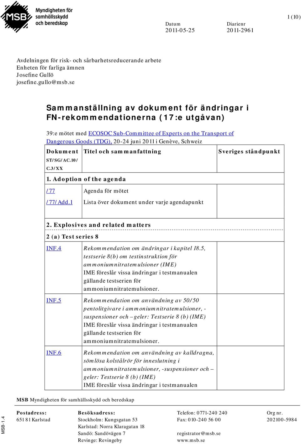 Schweiz 1. Adoption of the agenda /77 Agenda för mötet /77/Add.1 Lista över dokument under varje agendapunkt 2. Explosives and related matters 2 (a) Test series 8 INF.