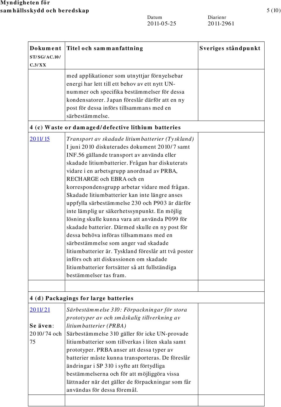 4 (c) Waste or damaged/defective lithium batteries 2011/15 Transport av skadade litiumbatterier (Tyskland) I juni 2010 diskuterades dokument 2010/7 samt INF.