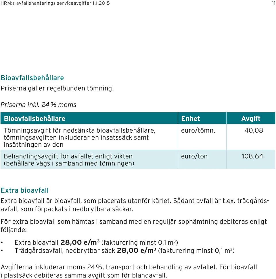 40,08 Behandlingsavgift för avfallet enligt vikten (behållare vägs i samband med tömningen) euro/ton 108,64 Extra bioavfall Extra bioavfall är bioavfall, som placerats utanför kärlet.