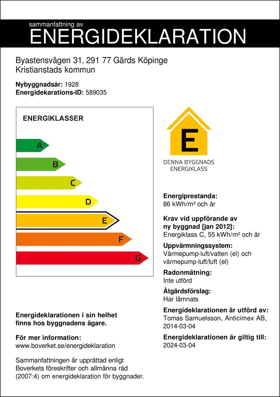 se/energideklaration Krav vid uppförande av ny byggnad [jan 2012]: Energiklass C, 55 /m² och år Uppvärmningssystem: Värmepump-luft/vatten (el) och värmepump-luft/luft (el) Radonmätning: