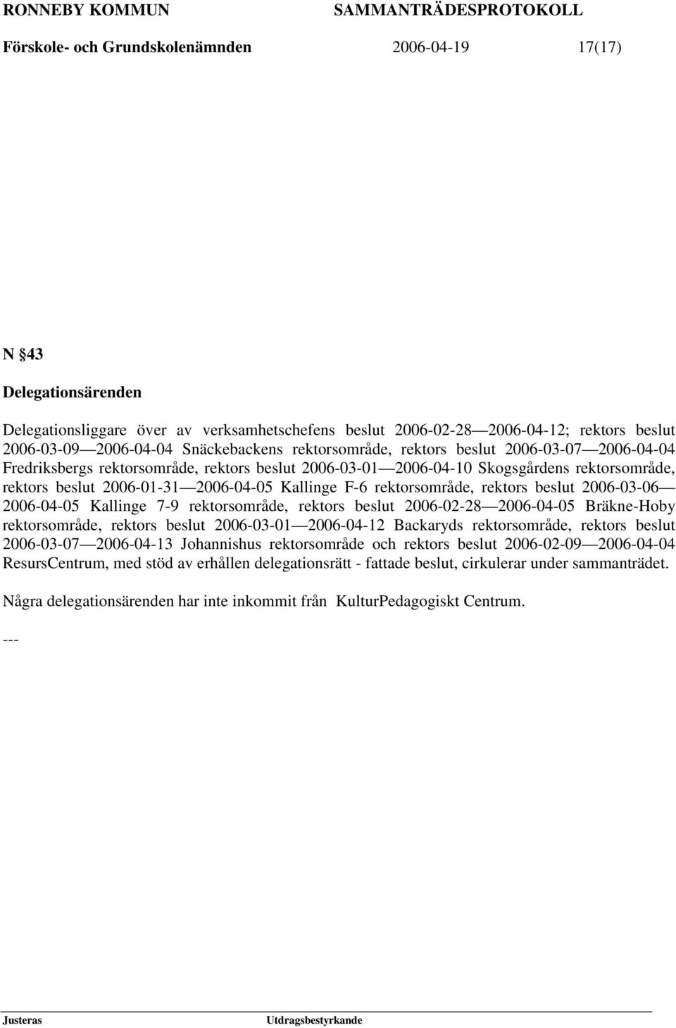 Kallinge F-6 rektorsområde, rektors beslut 2006-03-06 2006-04-05 Kallinge 7-9 rektorsområde, rektors beslut 2006-02-28 2006-04-05 Bräkne-Hoby rektorsområde, rektors beslut 2006-03-01 2006-04-12