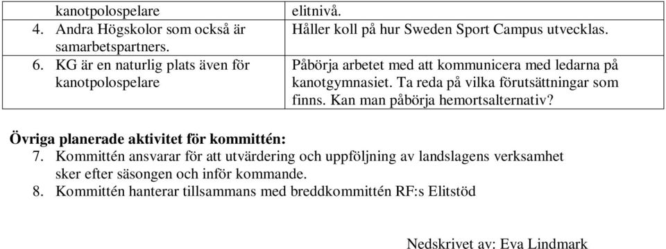 Ta reda på vilka förutsättningar som finns. Kan man påbörja hemortsalternativ? Övriga planerade aktivitet för kommittén: 7.