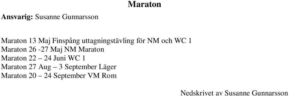 Maraton Maraton 22 24 Juni WC 1 Maraton 27 Aug 3 September