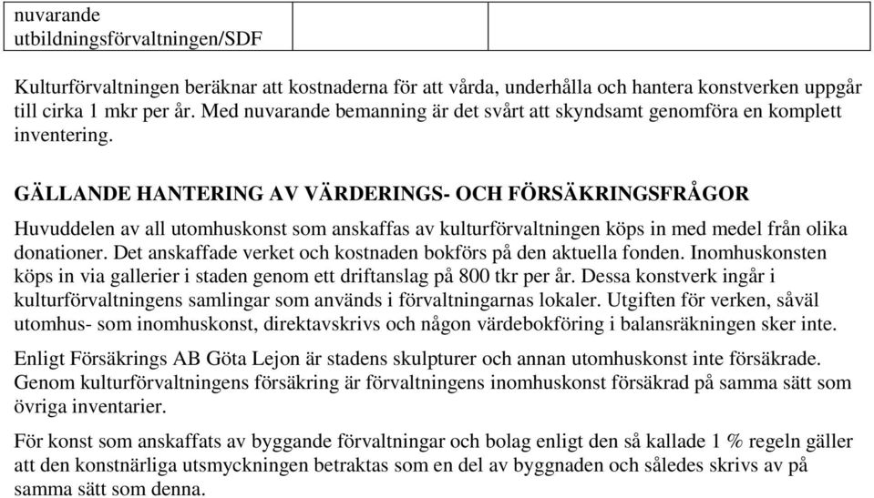 GÄLLANDE HANTERING AV VÄRDERINGS- OCH FÖRSÄKRINGSFRÅGOR Huvuddelen av all utomhuskonst som anskaffas av kulturförvaltningen köps in med medel från olika donationer.