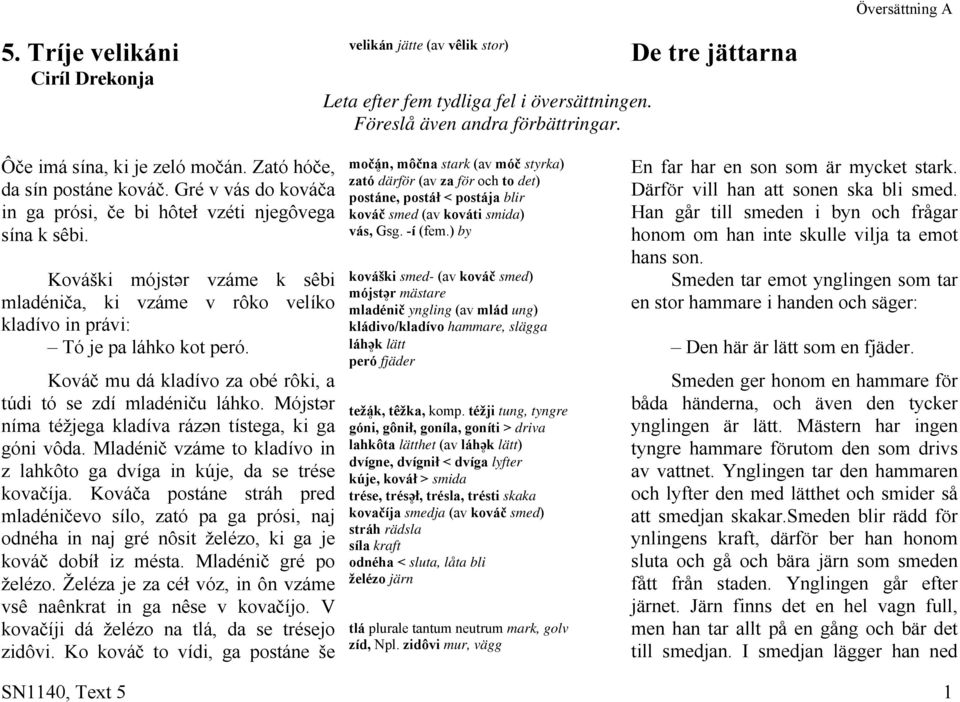 Kováški mójstər vzáme k sêbi mladéniča, ki vzáme v rôko velíko kladívo in právi: Tó je pa láhko kot peró. láhə9k lätt peró fjäder Kováč mu dá kladívo za obé rôki, a túdi tó se zdí mladéniču láhko.