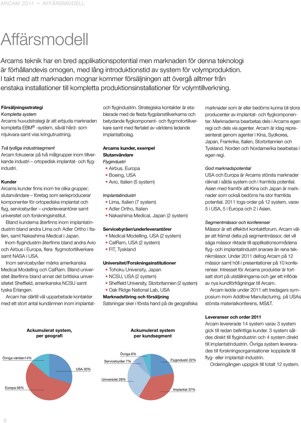 Försäljningsstrategi Kompletta system Arcams huvudstrategi är att erbjuda marknaden kompletta EBM -system, såväl hård- som mjukvara samt viss kringutrustning.