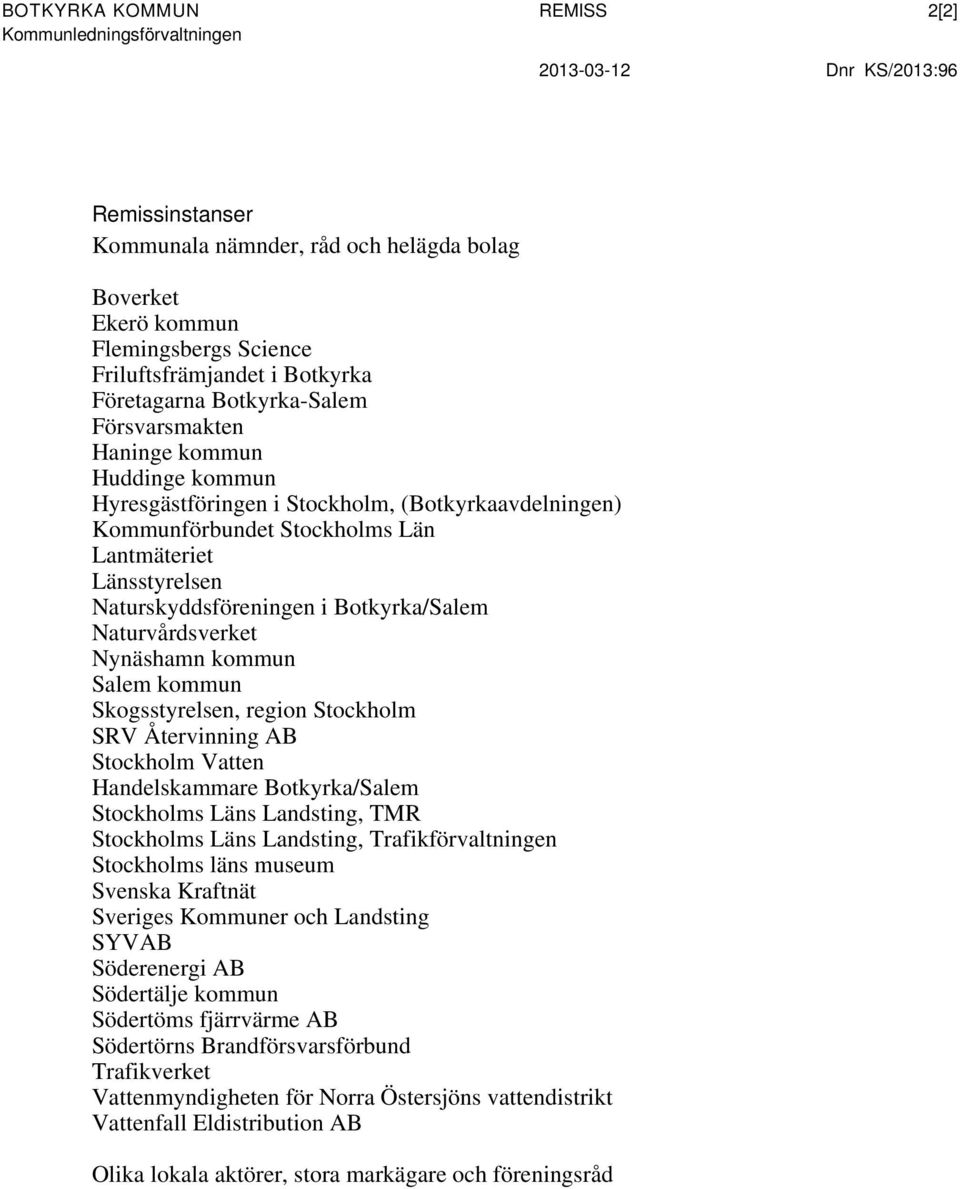 Länsstyrelsen Naturskyddsföreningen i Botkyrka/Salem Naturvårdsverket Nynäshamn kommun Salem kommun Skogsstyrelsen, region Stockholm SRV Återvinning AB Stockholm Vatten Handelskammare Botkyrka/Salem