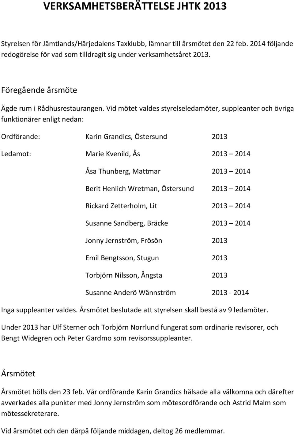 Vid mötet valdes styrelseledamöter, suppleanter och övriga funktionärer enligt nedan: Ordförande: Karin Grandics, Östersund 2013 Ledamot: Marie Kvenild, Ås 2013 2014 Åsa Thunberg, Mattmar 2013 2014