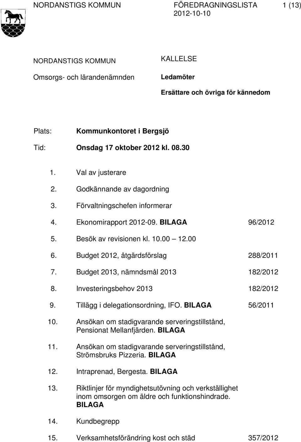 Budget 2012, åtgärdsförslag 288/2011 7. Budget 2013, nämndsmål 2013 182/2012 8. 9. 10. 11. 12. 13. 14. 15. Investeringsbehov 2013 Tillägg i delegationsordning, IFO.