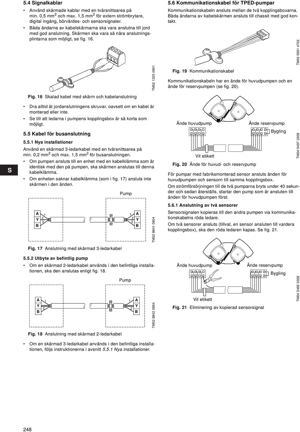 6 Kommunikationskabel för TPED-pumpar Kommunikationskabeln ansluts mellan de två kopplingsboxarna. Båda ändarna av kabelskärmen ansluts till chassit med god kontakt. Fig.