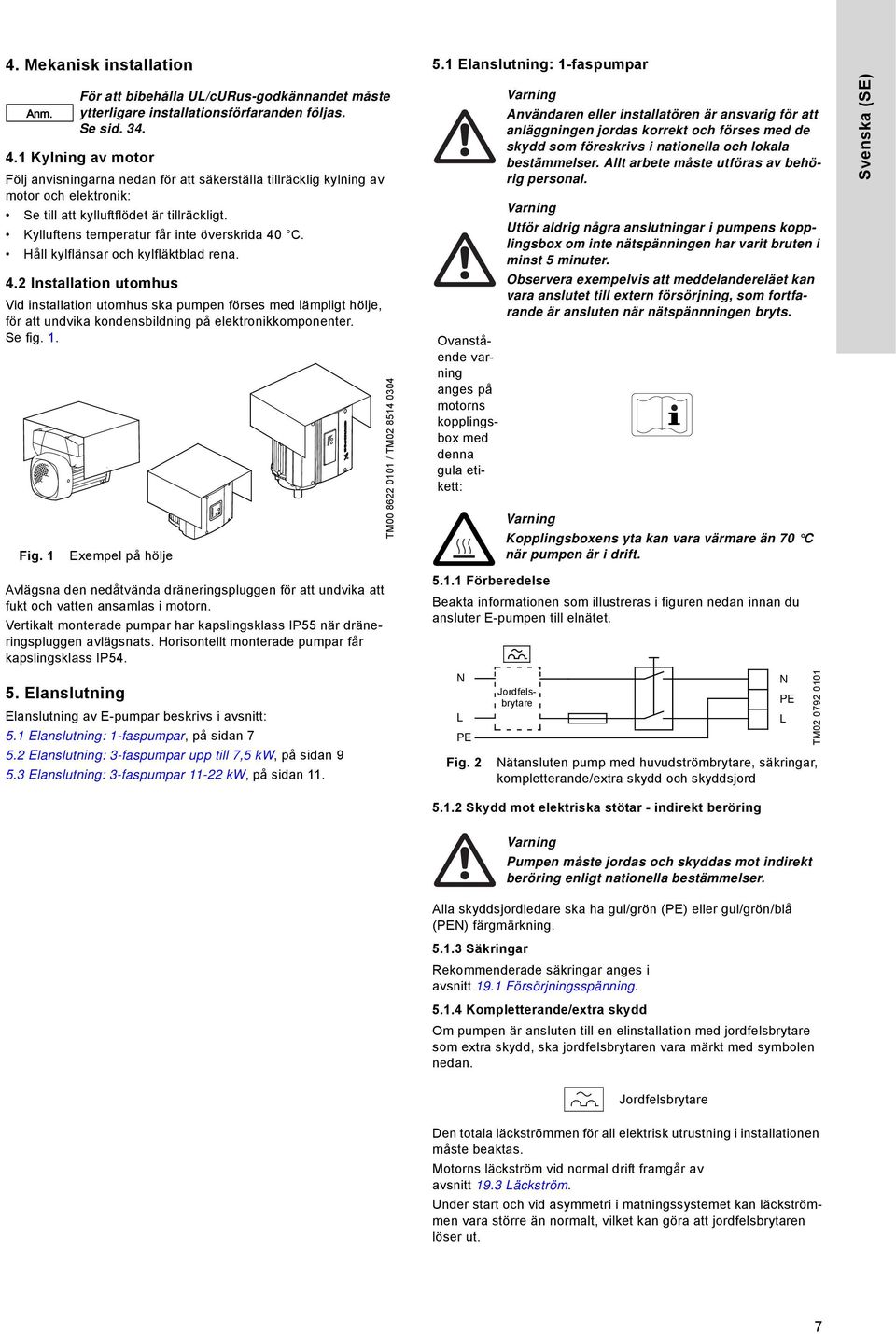 Håll kylflänsar och kylfläktblad rena. 4.2 Installation utomhus Vid installation utomhus ska pumpen förses med lämpligt hölje, för att undvika kondensbildning på elektronikkomponenter. Se fig. 1. Fig.