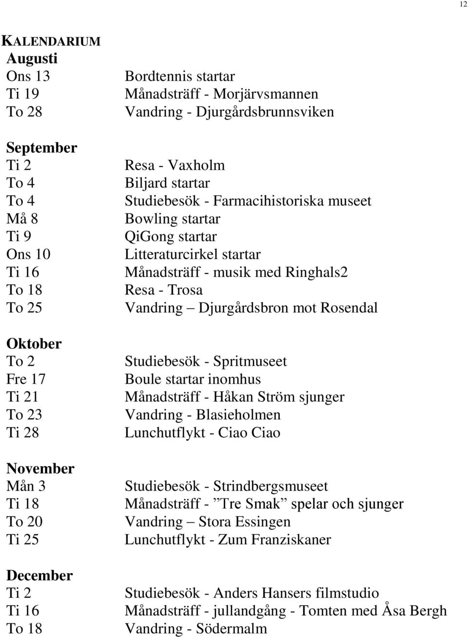 startar Månadsträff - musik med Ringhals2 Resa - Trosa Vandring Djurgårdsbron mot Rosendal Studiebesök - Spritmuseet Boule startar inomhus Månadsträff - Håkan Ström sjunger Vandring - Blasieholmen