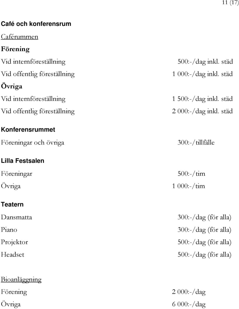 städ Konferensrummet Föreningar och övriga 300:-/tillfälle Lilla Festsalen Föreningar Övriga 500:-/tim 1 000:-/tim Teatern Dansmatta