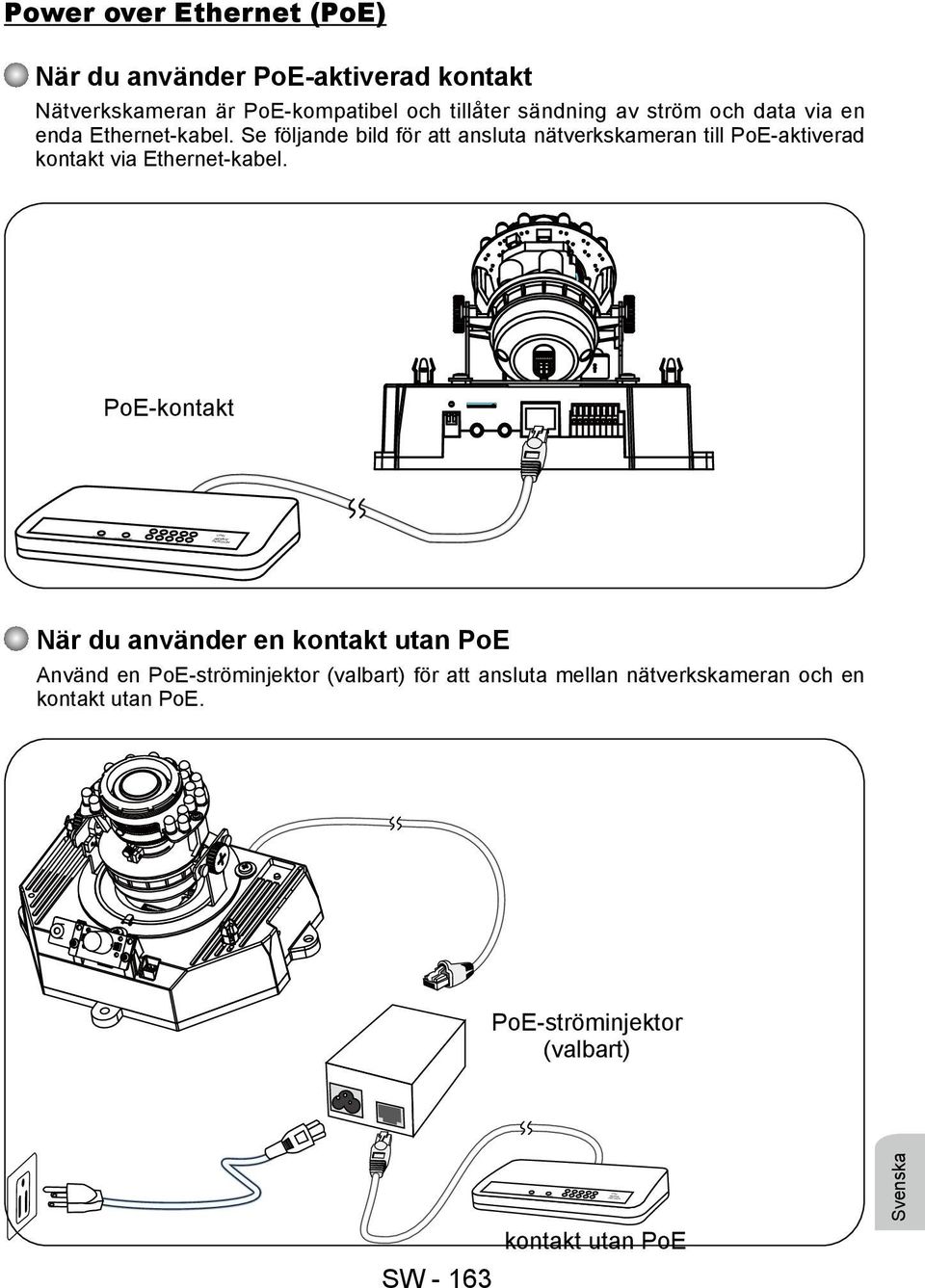 Se följande bild för att ansluta nätverkskameran till PoE-aktiverad kontakt via Ethernet-kabel.