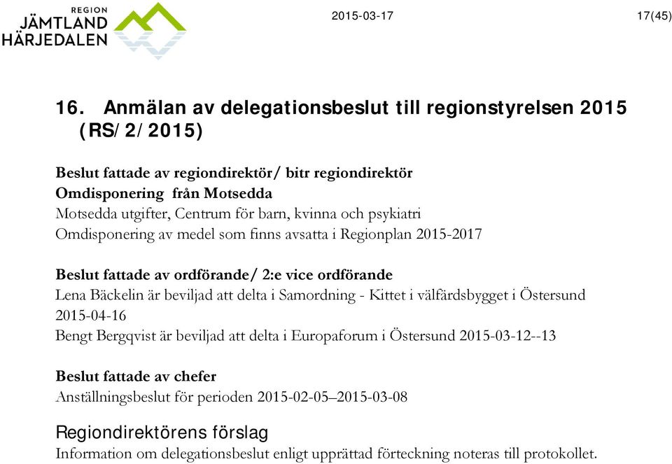 för barn, kvinna och psykiatri Omdisponering av medel som finns avsatta i Regionplan 2015-2017 Beslut fattade av ordförande/ 2:e vice ordförande Lena Bäckelin är beviljad att