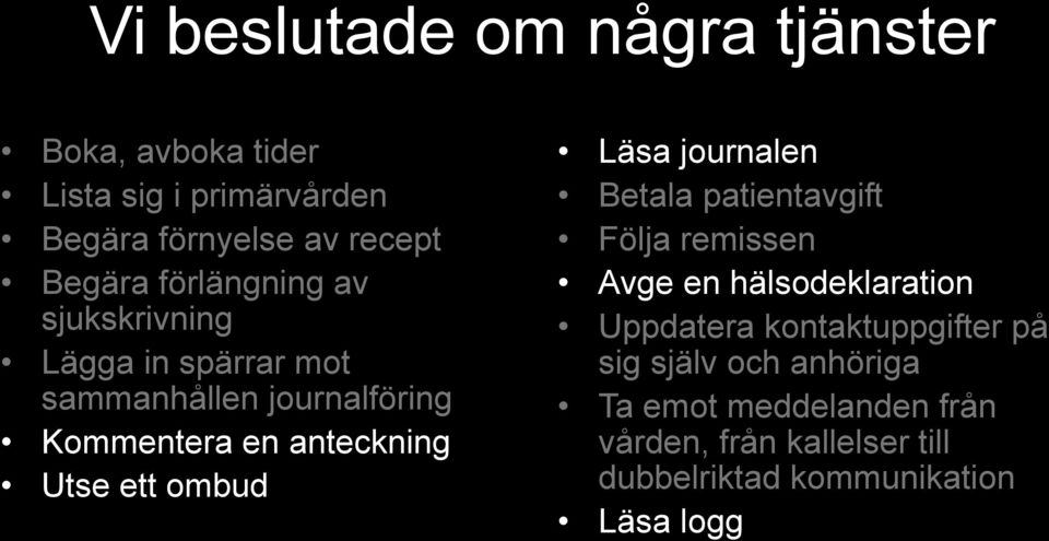 ombud Läsa journalen Betala patientavgift Följa remissen Avge en hälsodeklaration Uppdatera kontaktuppgifter