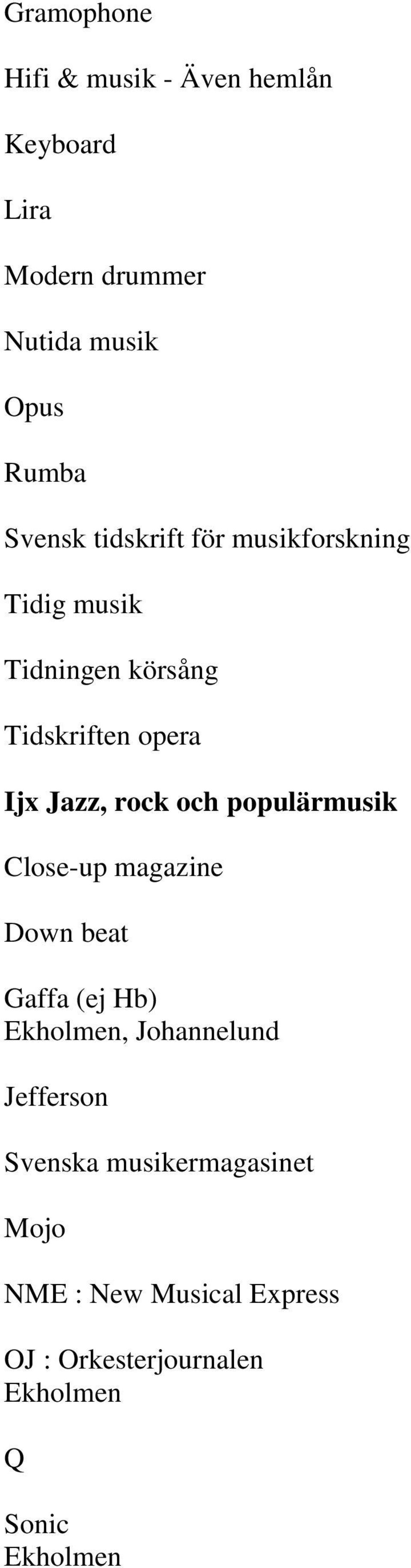 rock och populärmusik Close-up magazine Down beat Gaffa (ej Hb) Ekholmen, Johannelund Jefferson